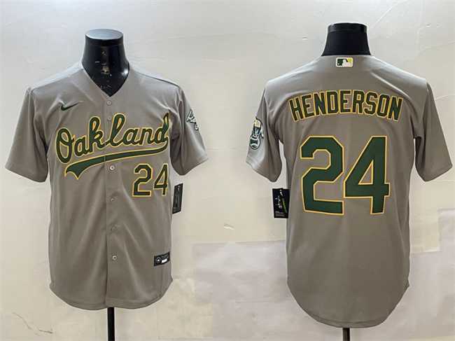 Mens Oakland Athletics #24 Ricky Henderson Gray With Patch Stitched Jersey
